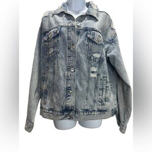 Forever 21 Blue Jean Denim Trucker Blue Distressed Relaxed Size M